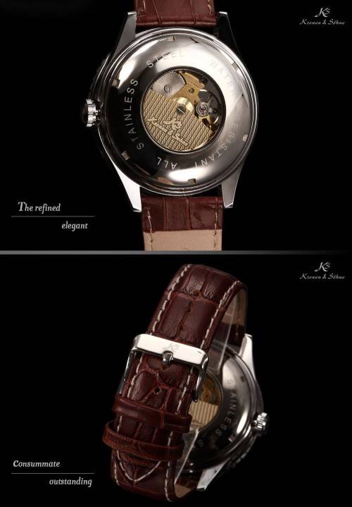 Authentic, Brand New Luxury KS Carving Golden Skeleton Auto Mechanical Brown Leather Elegant Men's W