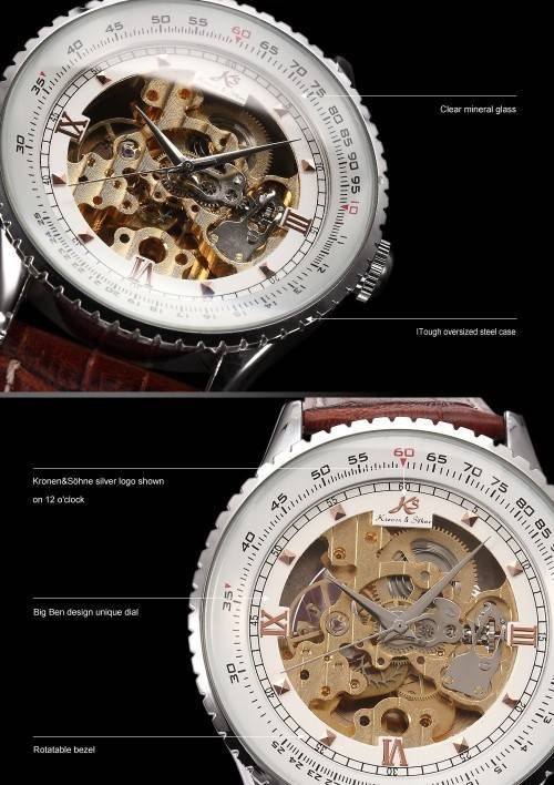 Authentic, Brand New Luxury KS Carving Golden Skeleton Auto Mechanical Brown Leather Elegant Men's W