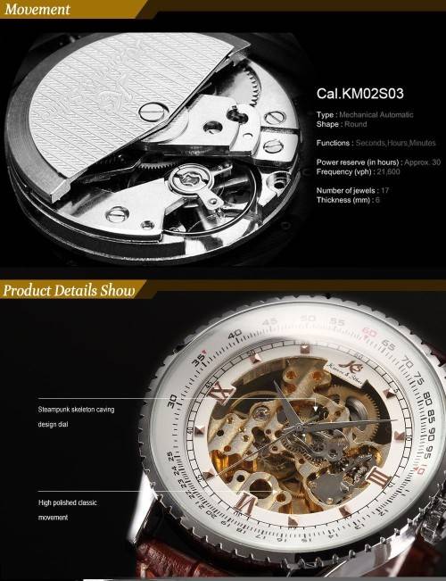 Authentic, Brand New Luxury KS Carving Golden Skeleton Auto Mechanical Brown Leather Elegant Men's W