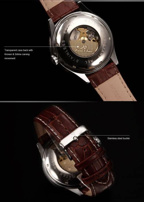 Authentic, Brand New Luxury KS Carving Golden Skeleton Auto Mechanical Brown Leather Elegant Men's W