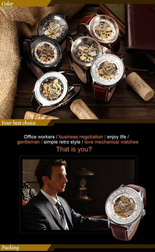 Authentic, Brand New Luxury KS Carving Golden Skeleton Auto Mechanical Brown Leather Elegant Men's W