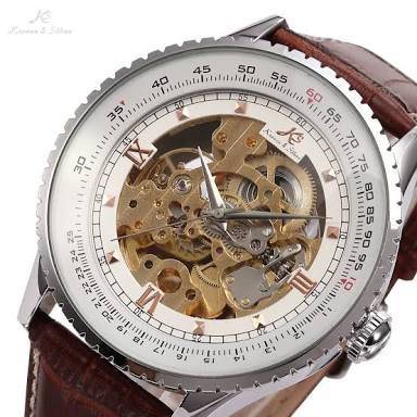 Authentic, Brand New Luxury KS Carving Golden Skeleton Auto Mechanical Brown Leather Elegant Men's W