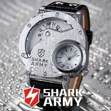 Authentic SHARK ARMY Oversized Dual Time Zone Military Brushed Steel Face Quartz Sport Wrist Watch