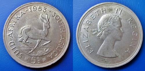 ## Beautiful 1953 South Africa Silver 5 Shillings ##