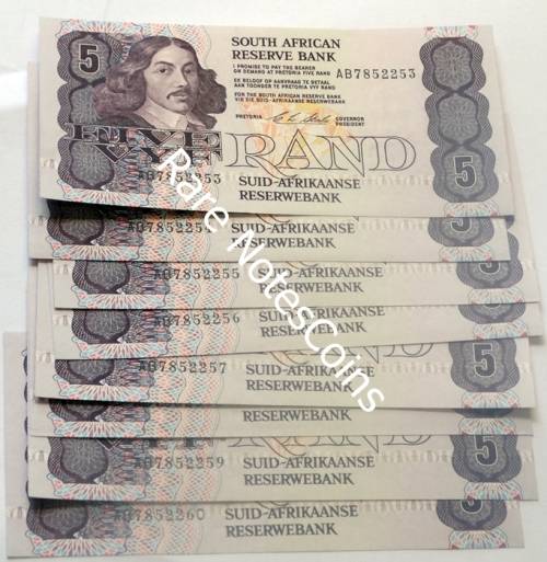8 Unc Sequential Five Rand Type 11  CL Stals  (1st Issue) E/A Banknote AB7852253
