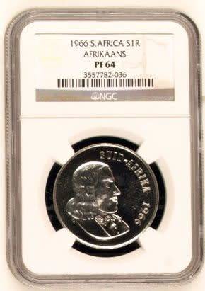 ## 1966 Afrikaans South African NGC Graded One Rand PF64 ##