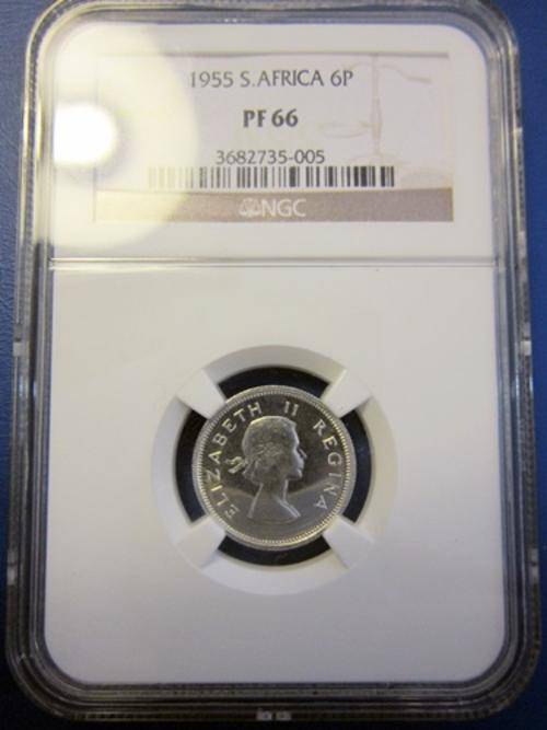 ## ** NGC Graded ** 1955 South Africa 6P PF 66 ##