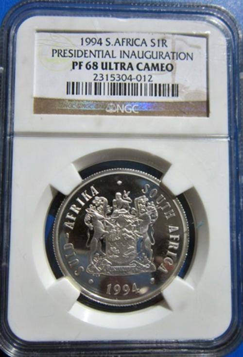 ## ** NGC Graded ** 1994 South Africa Inauguration Silver R1 PF68 Ultra Cameo ##