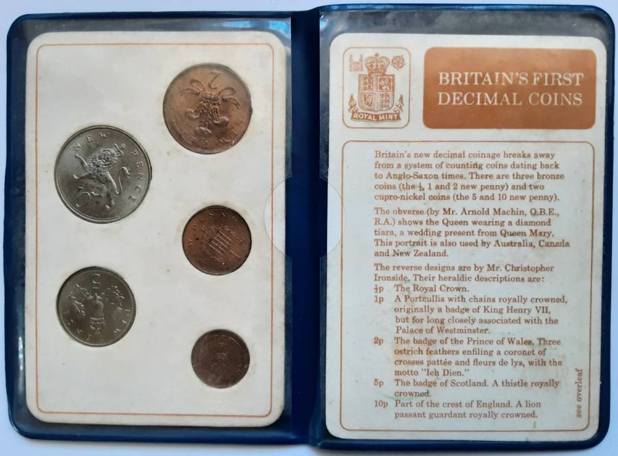 Britain`s First Decimal Coins + 1919 3 pence + 1891 1 penny + 1953 3 pence + 3x 1965 Churchill Crown
