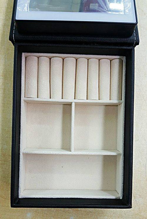 PORTABLE COSMETIC MIRROR WITH RECHARGEABLE LED LIT BORDER AND JEWELRY STORAGE BOX* BLACK