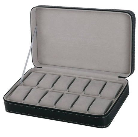 WATCH BOX DISPLAY CASE STORAGE ORGANISER 12 SLOT BLOCK LUXURY ZIPPERED TRAVELLERS BLACK PU LEATHER