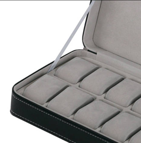 WATCH BOX DISPLAY CASE STORAGE ORGANISER 12 SLOT BLOCK LUXURY ZIPPERED TRAVELLERS BLACK PU LEATHER
