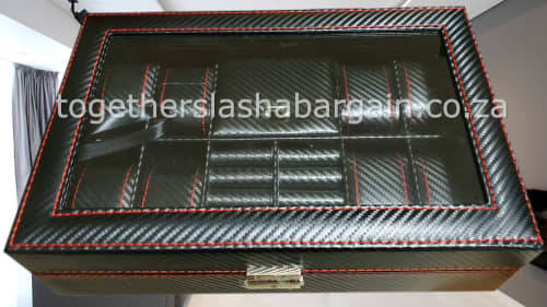 WATCH BOX DISPLAY CASE STORAGE ORGANISER 8 SLOT CARBON FIBER RED STICHED JEWELRY BOX