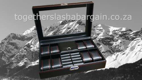 WATCH BOX DISPLAY CASE STORAGE ORGANISER 8 SLOT CARBON FIBER RED STICHED JEWELRY BOX