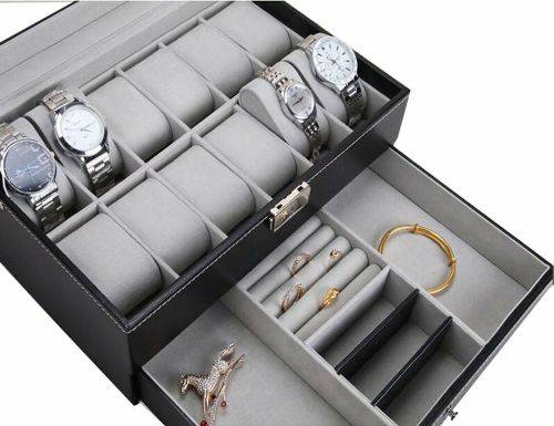 WATCH BOX DISPLAY CASE STORAGE ORGANISER 12 SLOT DIVISION SMOOTH PU LEATHER DOUBLE TIER JEWELRY BOX