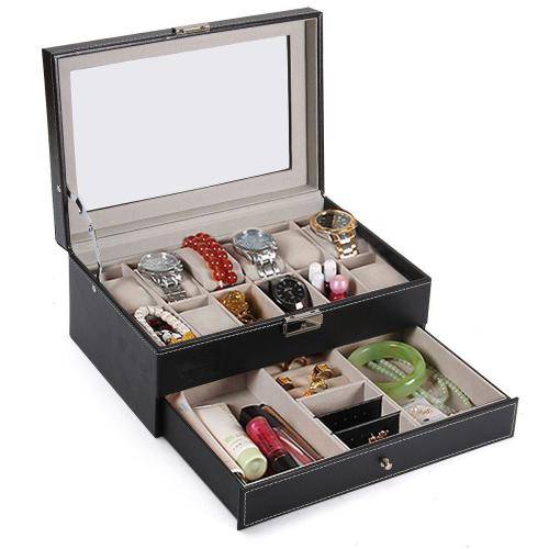 WATCH BOX DISPLAY CASE STORAGE ORGANISER 12 SLOT DIVISION SMOOTH PU LEATHER DOUBLE TIER JEWELRY BOX