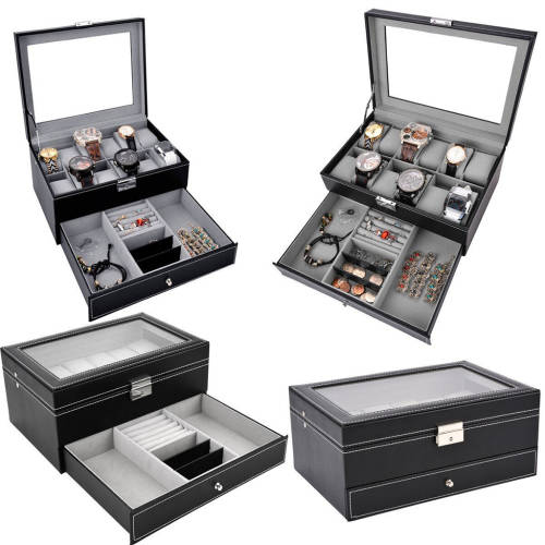WATCH BOX DISPLAY CASE STORAGE ORGANISER 12 SLOT DIVISION SMOOTH PU LEATHER DOUBLE TIER JEWELRY BOX