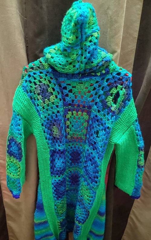 Beautiful Woman`s Multicolored Jacket with Hoody and Belt