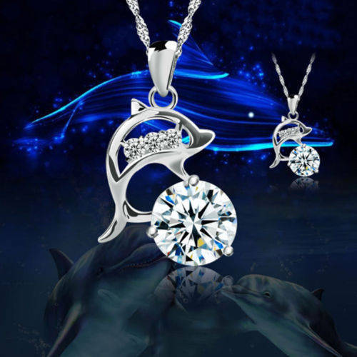 Stunning Amazing 925 Sterling Silver Stamped 2ct CZ Simulated Diamond with Accents Dolphin Pendant