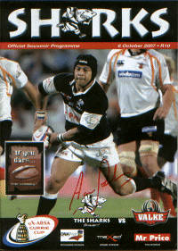 Rugby programme Sharks V Valke.Signed on the front by Adi Jacobs and inside by Craig Burden