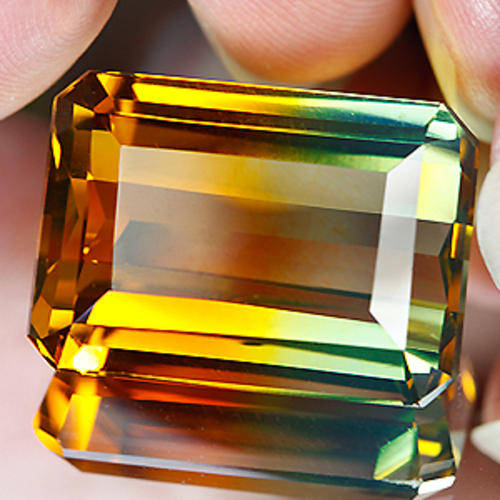 26.45 BI COLOUR ORANGE GREEN EMERALD CUT QUARTZ  GEMSTONE