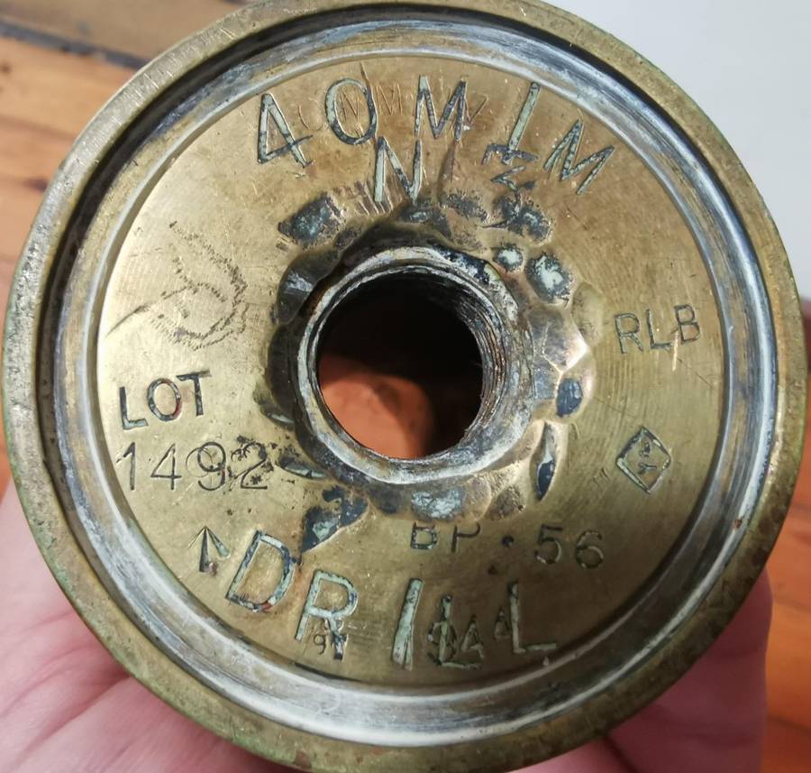WW2 1944 40mm Mk4 British Bofors anti-aircraft shell, converted to drill round, then to trench art