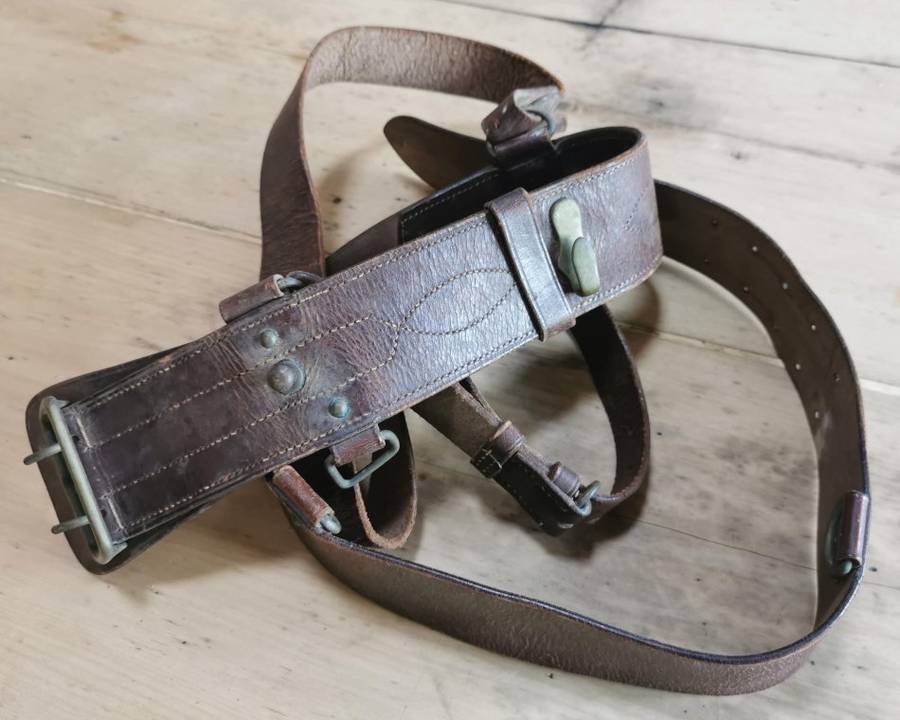 WW2-era 1940s officer's Sam Browne leather belt by Greatrex, undated, signed by owner