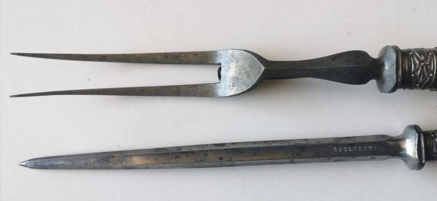 Late 1800s 4-piece sterling silver carving set by Allen and Darwin of Sheffield, ram`s head