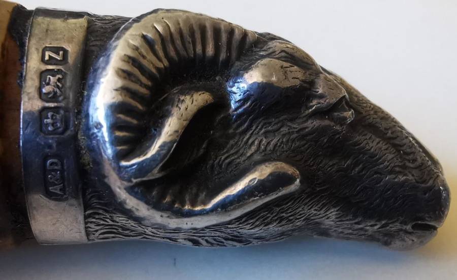 Late 1800s 4-piece sterling silver carving set by Allen and Darwin of Sheffield, ram`s head