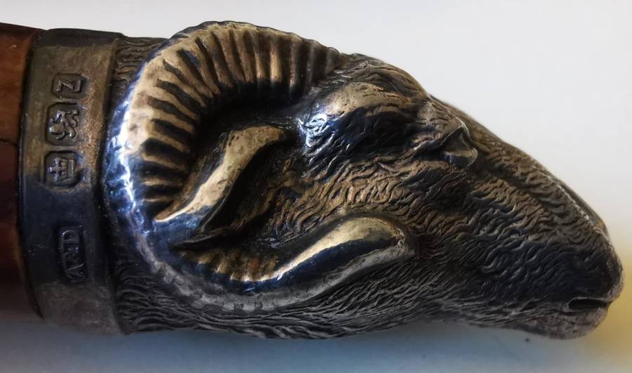 Late 1800s 4-piece sterling silver carving set by Allen and Darwin of Sheffield, ram`s head