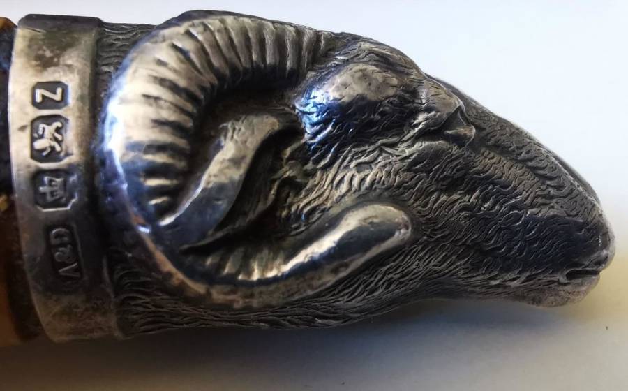 Late 1800s 4-piece sterling silver carving set by Allen and Darwin of Sheffield, ram`s head