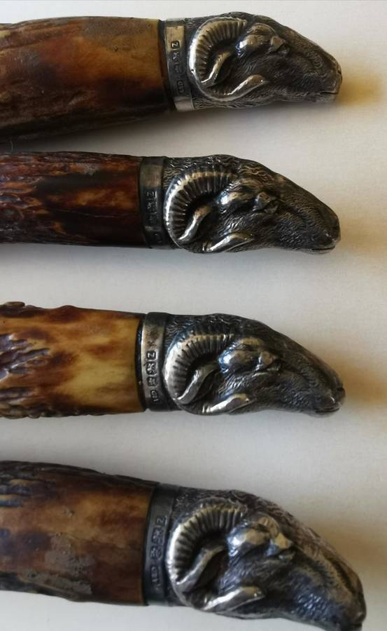 Late 1800s 4-piece sterling silver carving set by Allen and Darwin of Sheffield, ram`s head