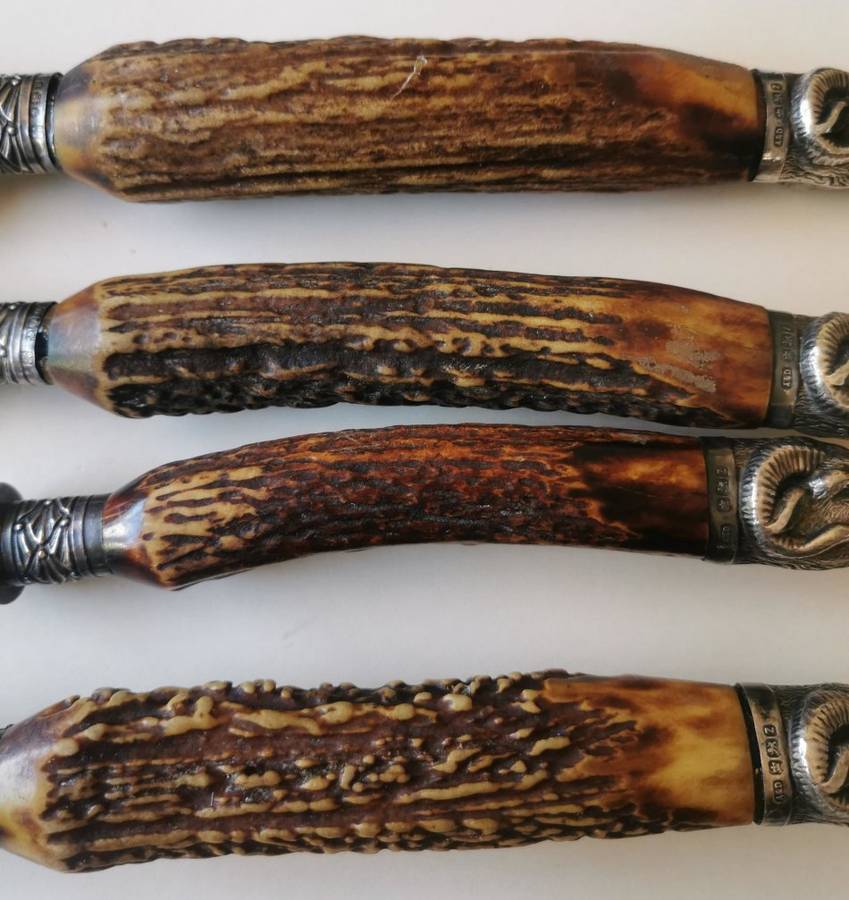 Late 1800s 4-piece sterling silver carving set by Allen and Darwin of Sheffield, ram`s head