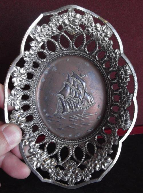 Trinket bowl with copper ship inlay - as per photos