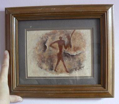 Oil on canvas of bushman etching by Smallberger, framed behind glass