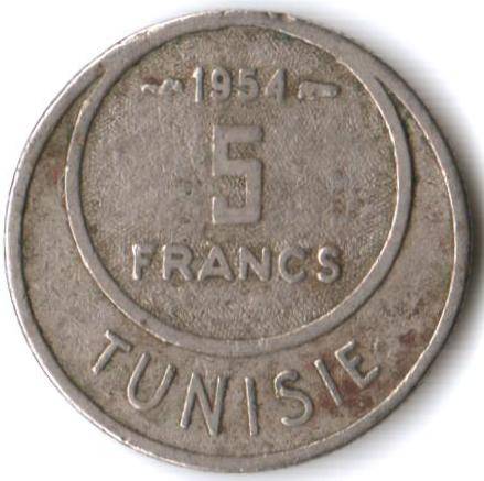 Tunisia 5 Francs 1954 - as per scans