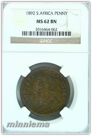 *** CRAZY R1 START VERY RARE *** 1892 ZAR PENNY NGC GRADED MS62BN $$$ HIGH VALUE $$$