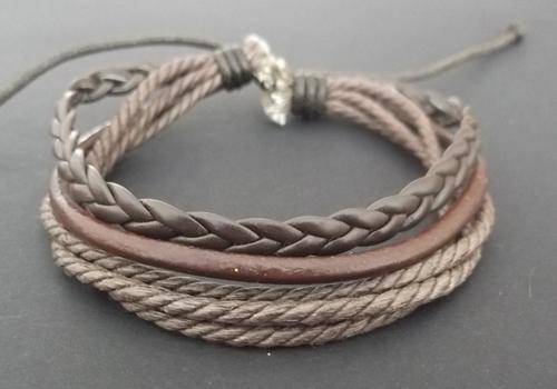 BROWN LEATHER AND ROPE UNISEX BRACELET