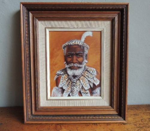 MIZRAIM MASEKO - OIL PAINTING ON HAND TOOLED LEATHER - ZULU INDUNA"