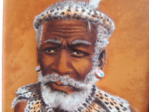 MIZRAIM MASEKO - OIL PAINTING ON HAND TOOLED LEATHER - ZULU INDUNA"