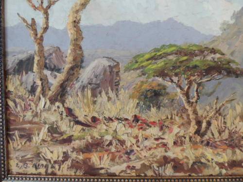 ERNEST BENJAMIN KING - OIL ON BOARD - BUSHVELD LANDSCAPE DATED 1957
