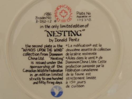 DOMINION CHINA LTD ONTARIA CANADA PLATE - "NESTING" - BOXED WITH COA