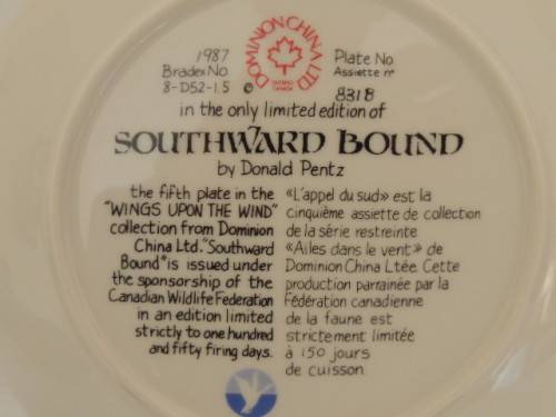 DOMINION CHINA LTD ONTARIA CANADA PLATE - "SOUTHWARD BOUND" - BOXED WITH COA