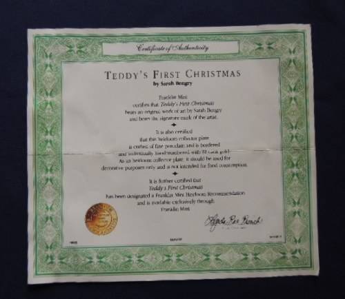 Franklin Mint Heirloom Plate - `TEDDY`S FIRST CHRISTMAS` (Price reduced)