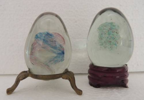 Two Art Glass Eggs On Stands