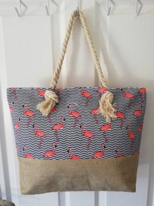 CANVAS BEACH BAG - FLAMINGO STRIPES 45CM x 32CM