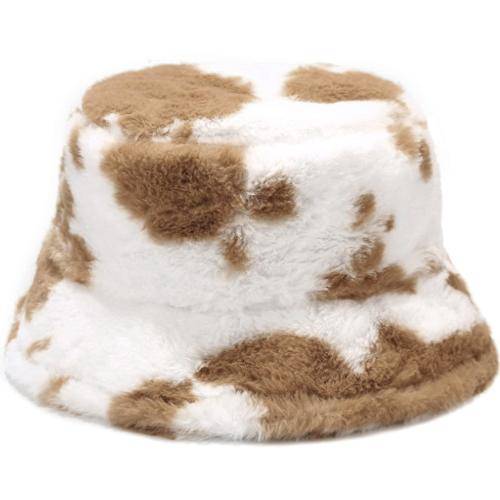 Faux Fur Bucket Hat - Light Brown and White
