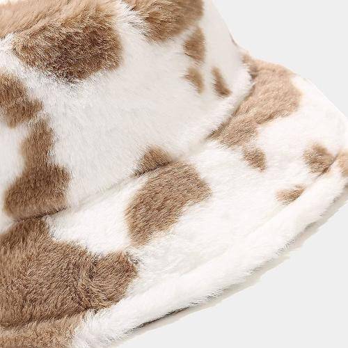 Faux Fur Bucket Hat - Light Brown and White