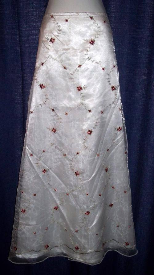 Long (Floor Length) White Satin-like Skirt with Embroidered Overlay - Size 32