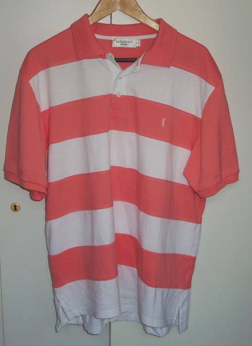 Peach and White Striped Golf Shirt by (YSL) YVES SAINT LAURENT - Size XL